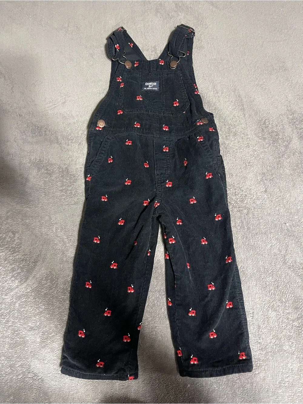 OshKosh B'gosh Black Corduroy Overalls with Small Red train Details